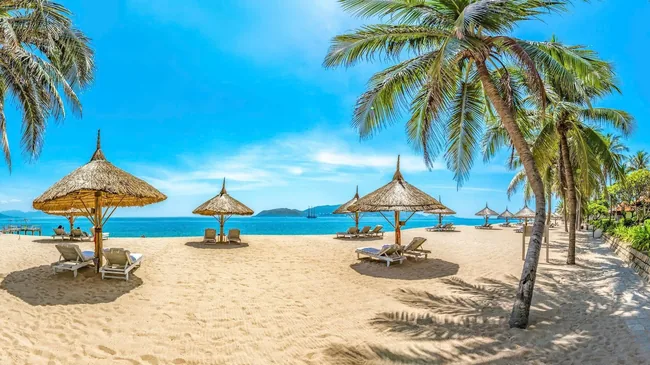 Beach resort with palms and blue sea in Vietnam